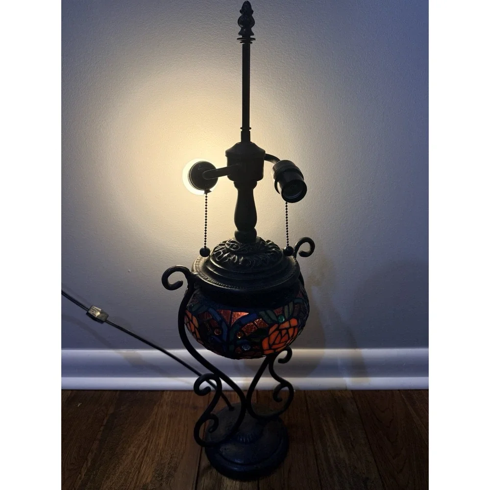 Tiffany Style Table‎ Lamp Stained Glass Rose Flowers Scroll Bulb BASE ONLY WORKS